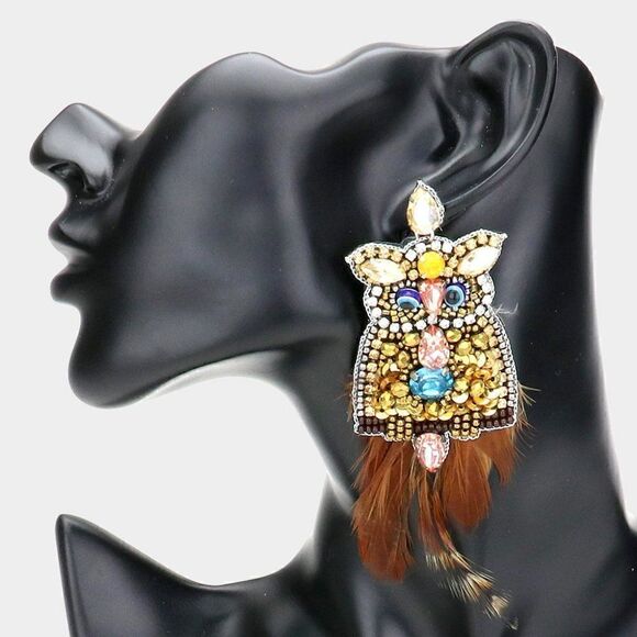 Owl Feather Seed Beaded Earrings by FABULOUS MJ - Picture 1 of 5